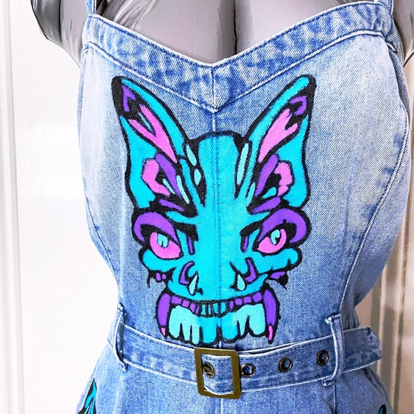 Punk Repurposed Blue Denim Play Suit Painted With Original Butterfly Art Work. - Picture 2 of 8